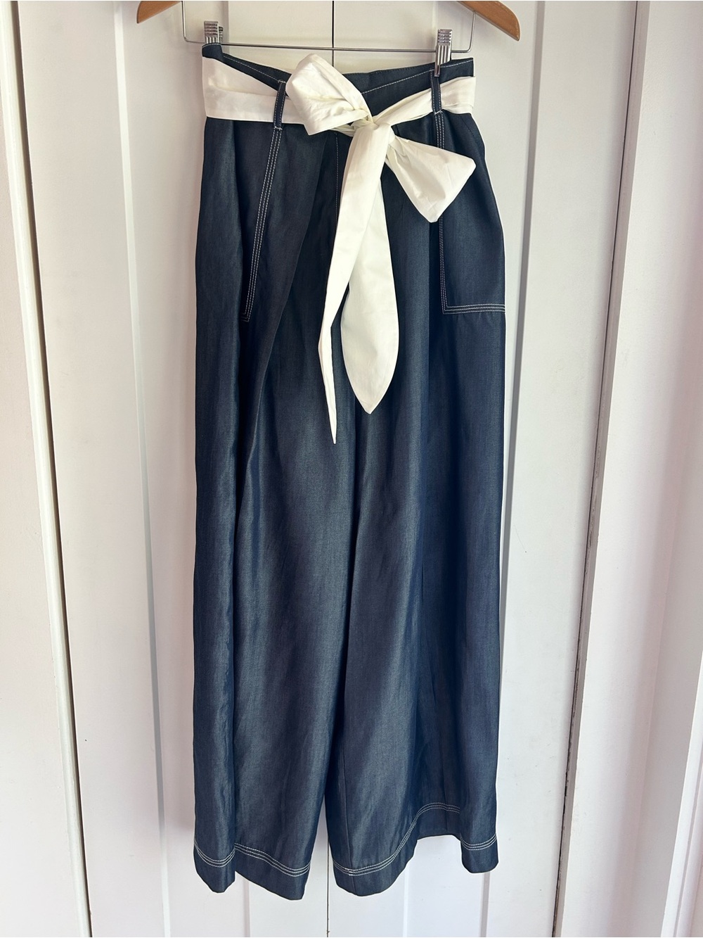 Milva Mi Made In Italy Flowy Wide Leg Trousers Wide White Tie Belt